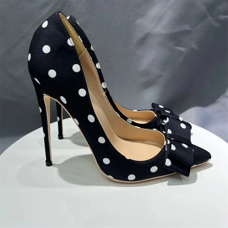 Heelgoo Polka Dot Bow Women Black Satin Sexy Pointy Toe High Heel Shoes Elegant Ladies Party Dress Stiletto Pumps Size 33-46