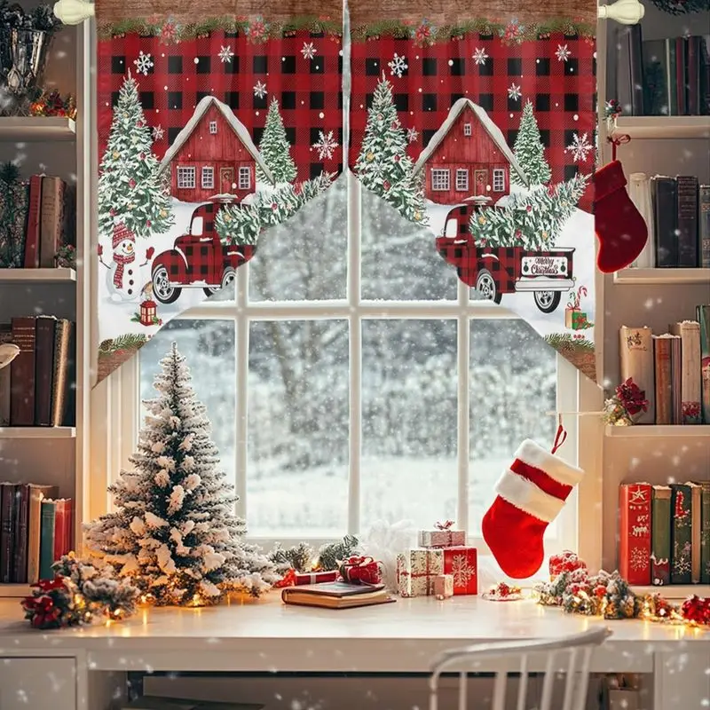 VIKAMA Christmas Red Truck Triangle Curtains, Buffalo Check Snow House Christmas Tree Snowman Short Valances, Home Decor