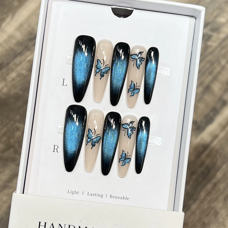 

Long Pointed 10pcs Handmade Press on Nails Blue Cat's Eye Fake Nail Tips for Women Wearable Rhinestone Detachable False Nails