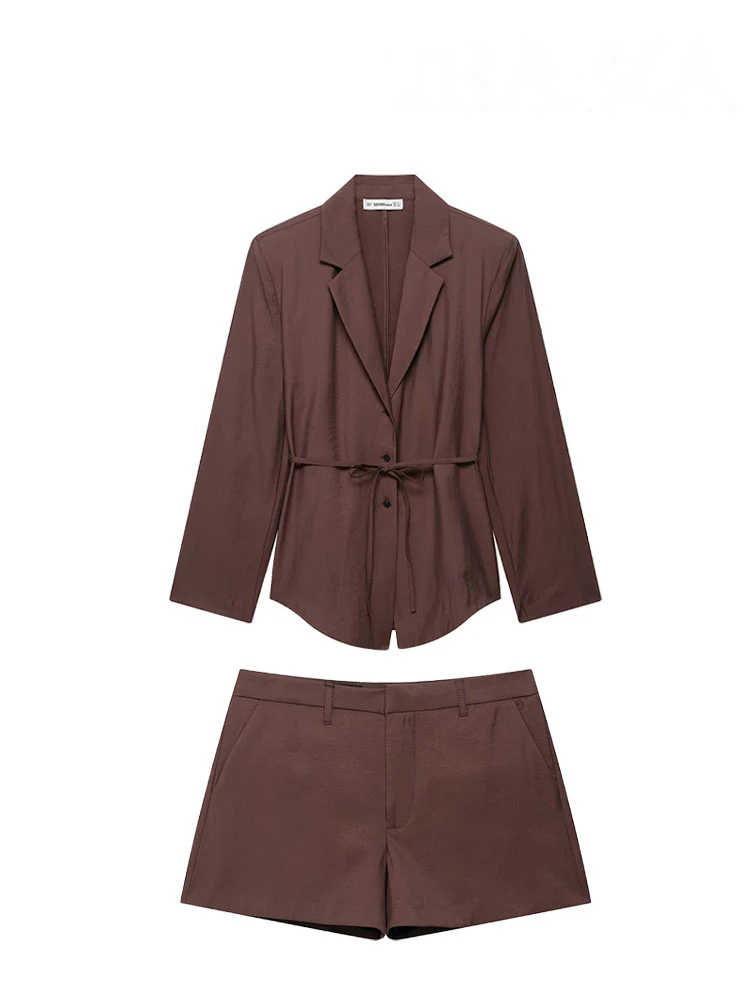 HH Women's Summer Fashion Suit Brown Turn-Down Collar Long Sleeves Bow Lace-Up Single-Breasted Coat+High Waist Zipper Shorts