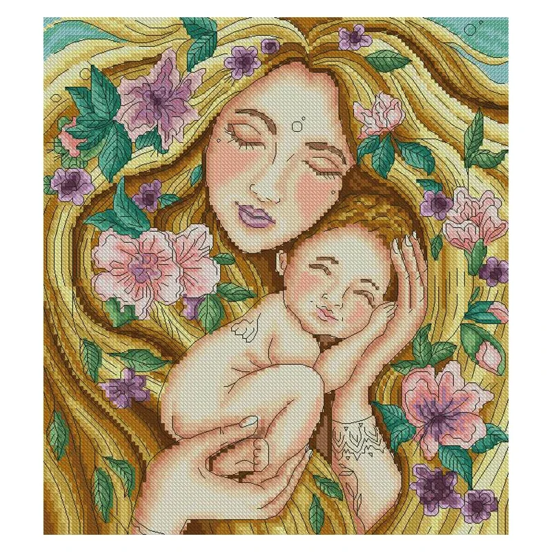 Amishop Beautiful Counted Cross Stitch Kit Mother's Love Care Baby Flowers Embroidery 30097 M-36