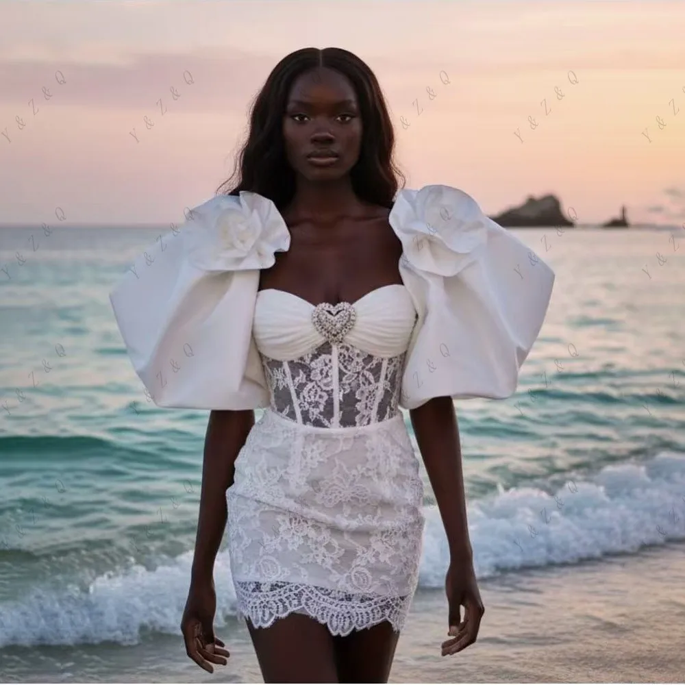 Llamativo vestido corto de graduación con mangas abullonadas, vestidos formales de encaje Floral con escote en forma de corazón, vestido de fiesta para mujer, Mini apliques transparentes