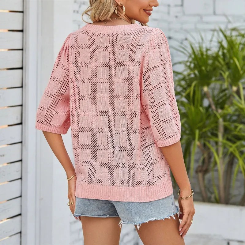 2023 Women Solid Color New Fashionable and Minimalist Round Neck Commuting Hollow Out Pullover with Ice Silk Loose Fitting Top image 5
