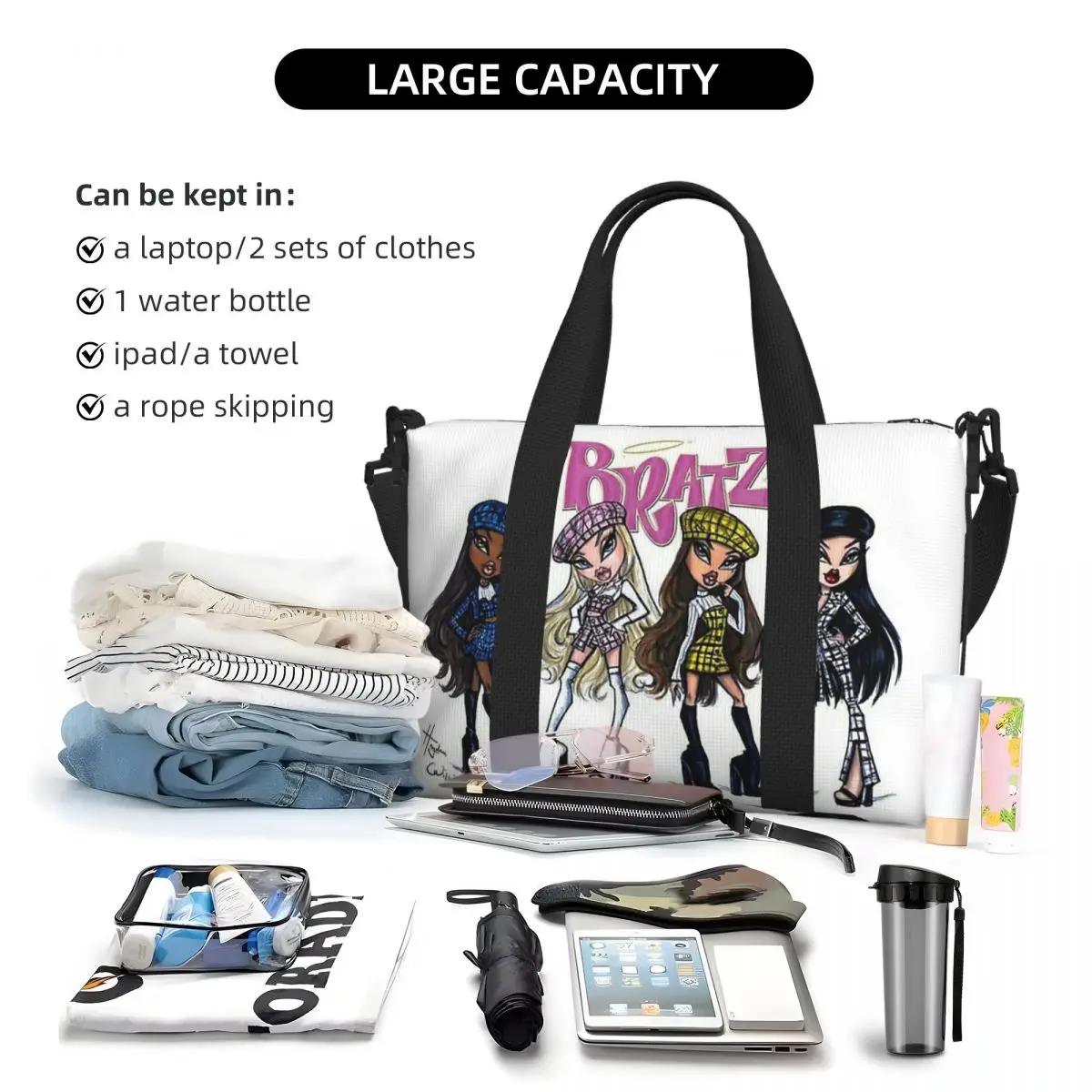 Personalizzato Bratz Rock Angelz Doll (14) Borsa da viaggio da spiaggia Borse tote di grande capacità per palestra Sport Donna Shopping Borsone a tracolla