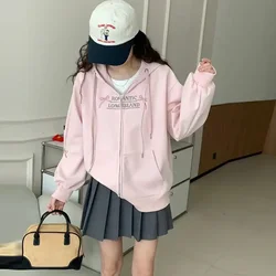 Korean Street Fashion Bow Design Sense Spring Loose Hooded Zipper Cardigan Sweater Lantern Sleeve Coat Embroidered Pink Bow Coat