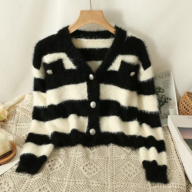 Women Winter Casual Stripe Buttons Up Sweater Coat V-neck Long Sleeved Cardigan Coat Warm Knit Office Overcoat Fall Short Jacket