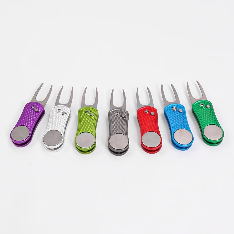 Stainless Steel Foldable Golf Divot Tool with Pop-up Button and Magnetic Ball Marker Multi-Colors Golf Ball Tool Pitch