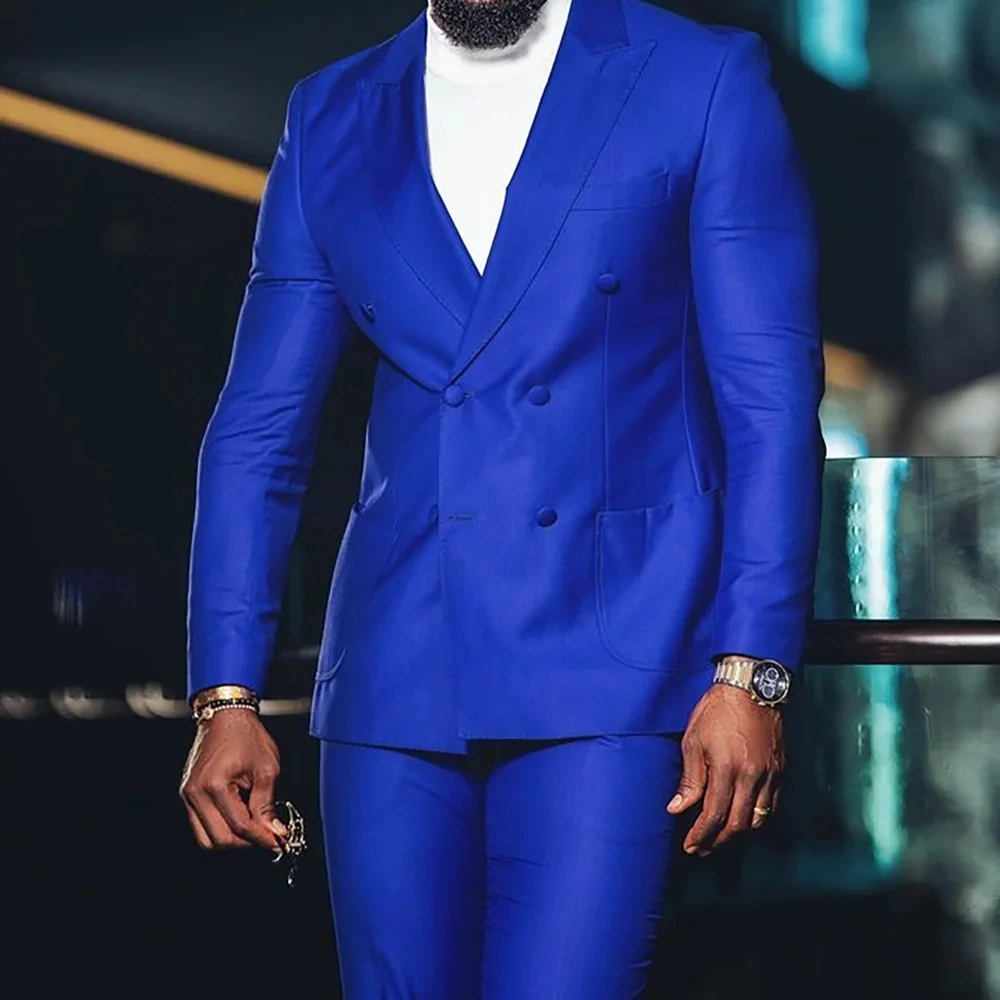 

Синие мужские костюмы, приталенные куртки из 2 предметов, брюки, двубортные повседневные деловые костюмы высокого качества, свадебный смокинг для жениха с остроконечными лацканами
