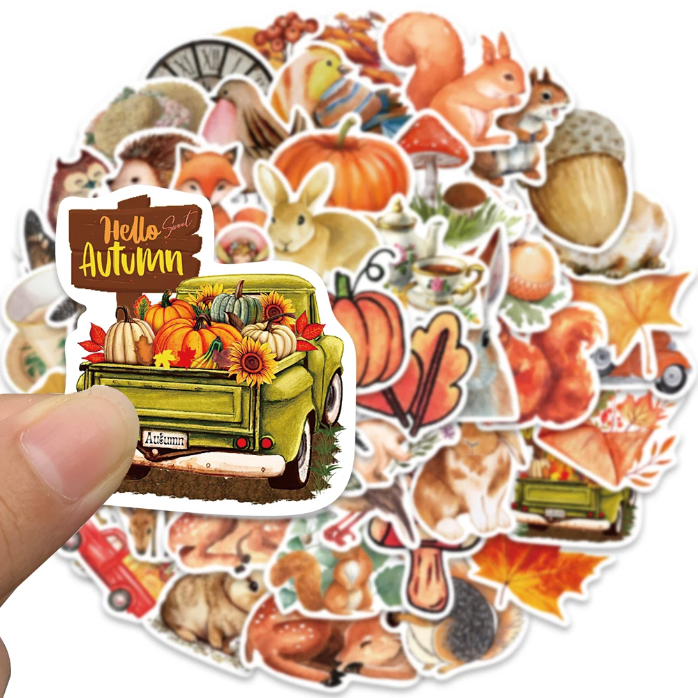 50pcs Autumn Forest Stickers Rabbit Sika Deer Maple Leaf Decals Vinyl Waterproof Laptop Luggage Motorcycle Helmet Stickers