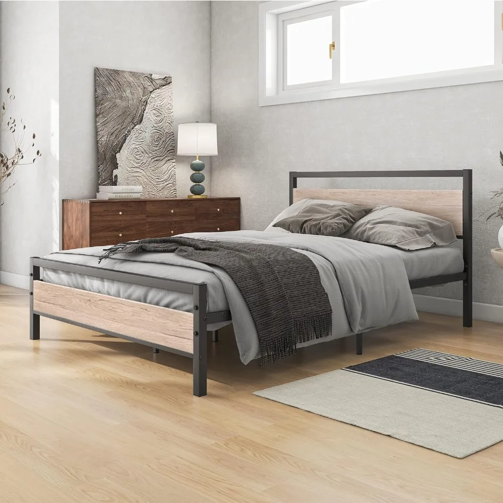 Bed Headboard Rustic Metal Platform Bed Frames Full Base Beds and Frames Oak Color Mattress Platform With Steel Slat Support