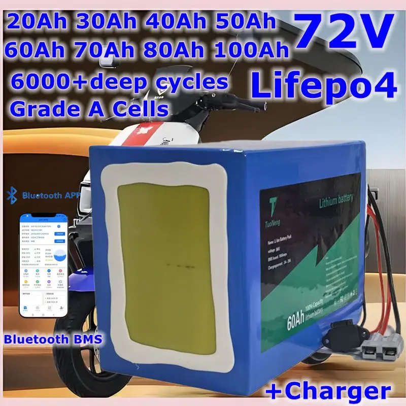 

Batterie au lithium LiFePO4 avec chargeur, Bluetooth, BMS, 72V, 50Ah, 60Ah, 30Ah, 72V, 40Ah, 100Ah, 80Ah, 5000W, scooter, vélo