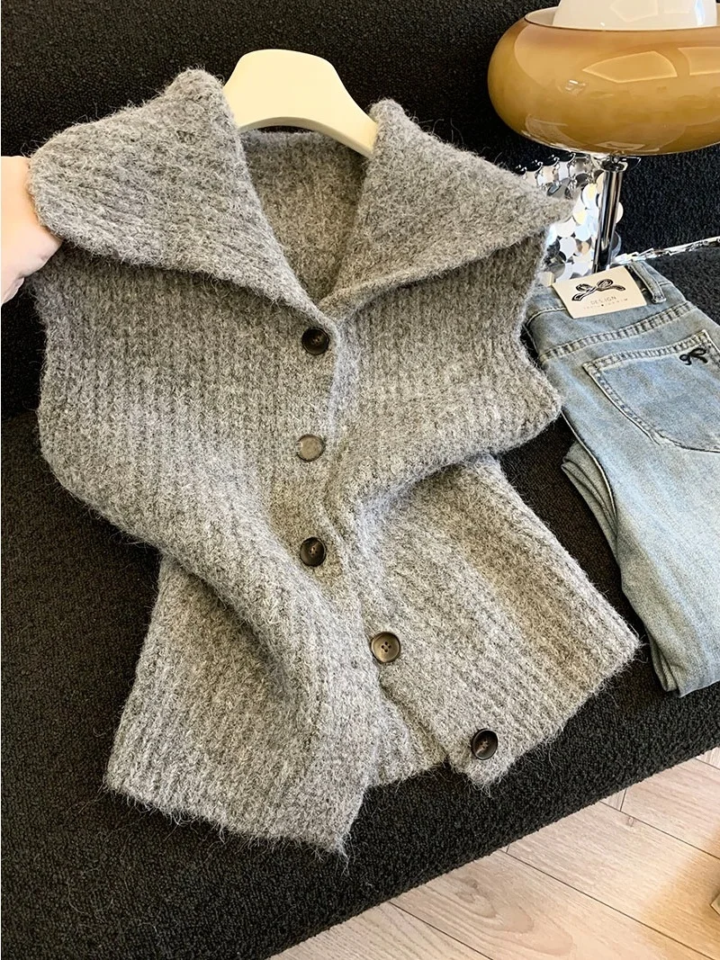 

Корейский вязаный кардиган-жилет для женщин, свободный, многослойный, с эффектом стройности, с воротником, осенне-зимняя новинка, маленький размер, свитер