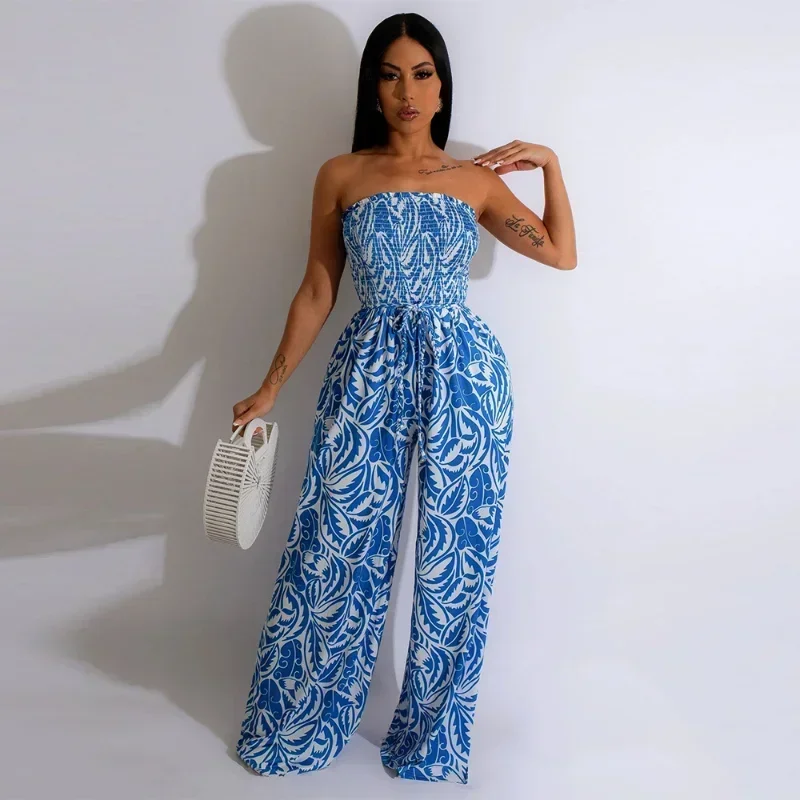 GUWU senza spalline elastico senza maniche dritto gamba larga moda foglia stampata tuta da donna 2024 tuta da spiaggia sexy set intero