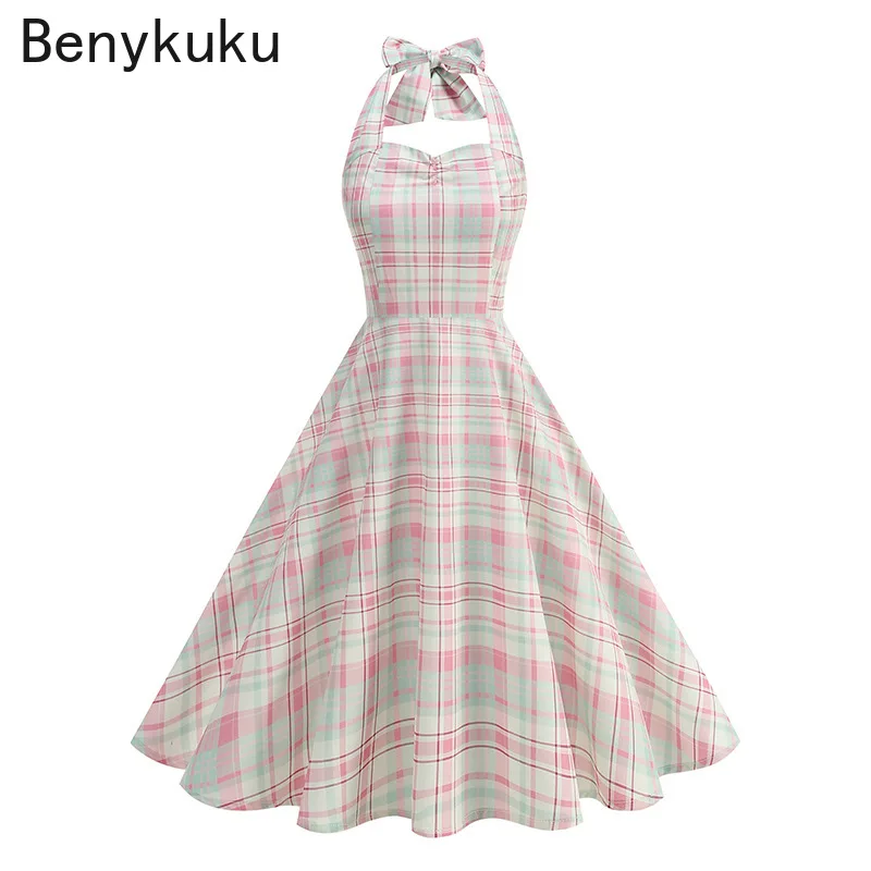 Vestido Vintage a cuadros con cuello Halter sin mangas para mujer, ropa de verano 2026, bata para ama de casa, Vestidos por debajo de la rodilla oscilantes de los años 50 y 60