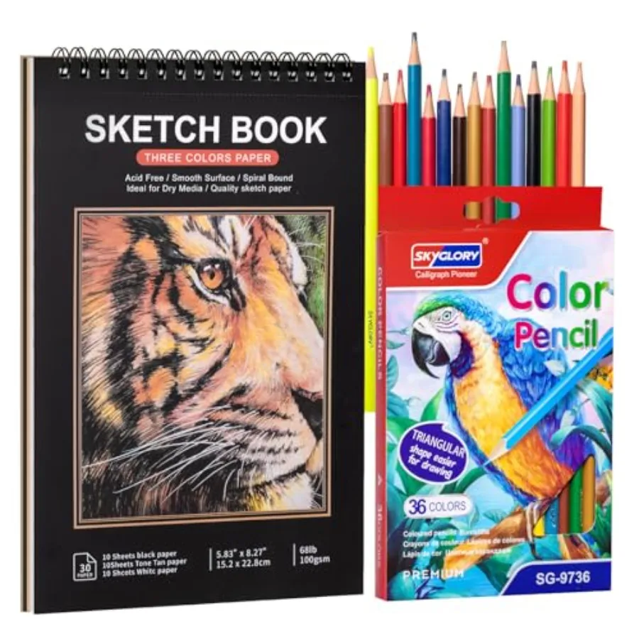 

Drawing Sketchbook Kit, A5 Sketch Book with 36 Color Pencils, Three Color Black Sketch Pad, Acid-Free Sketch Pad for,Artist, Ar