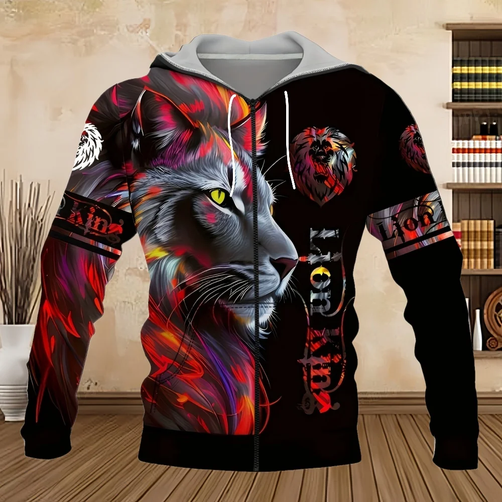 

Fashion Lion Printed Zip Hoodie For Men Tiger Pattern Pullover Spring And Autumn Casual Loose Sweatshirt Sports Coat Street Tops