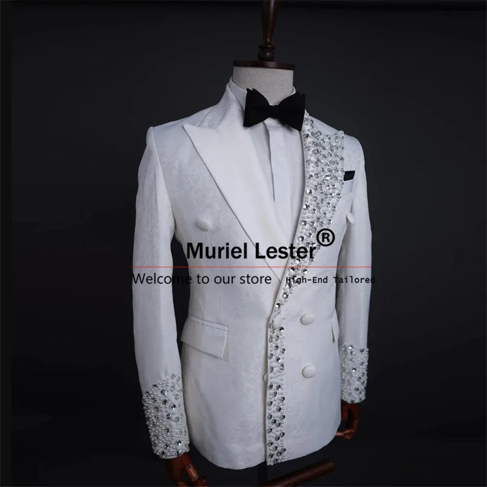 Glitter Diamond Beads Floral Suits Men For Wedding Double Breasted Jacket Pants 2 Pieces Bridegroom Tuxedos Bespoke Man Clothing