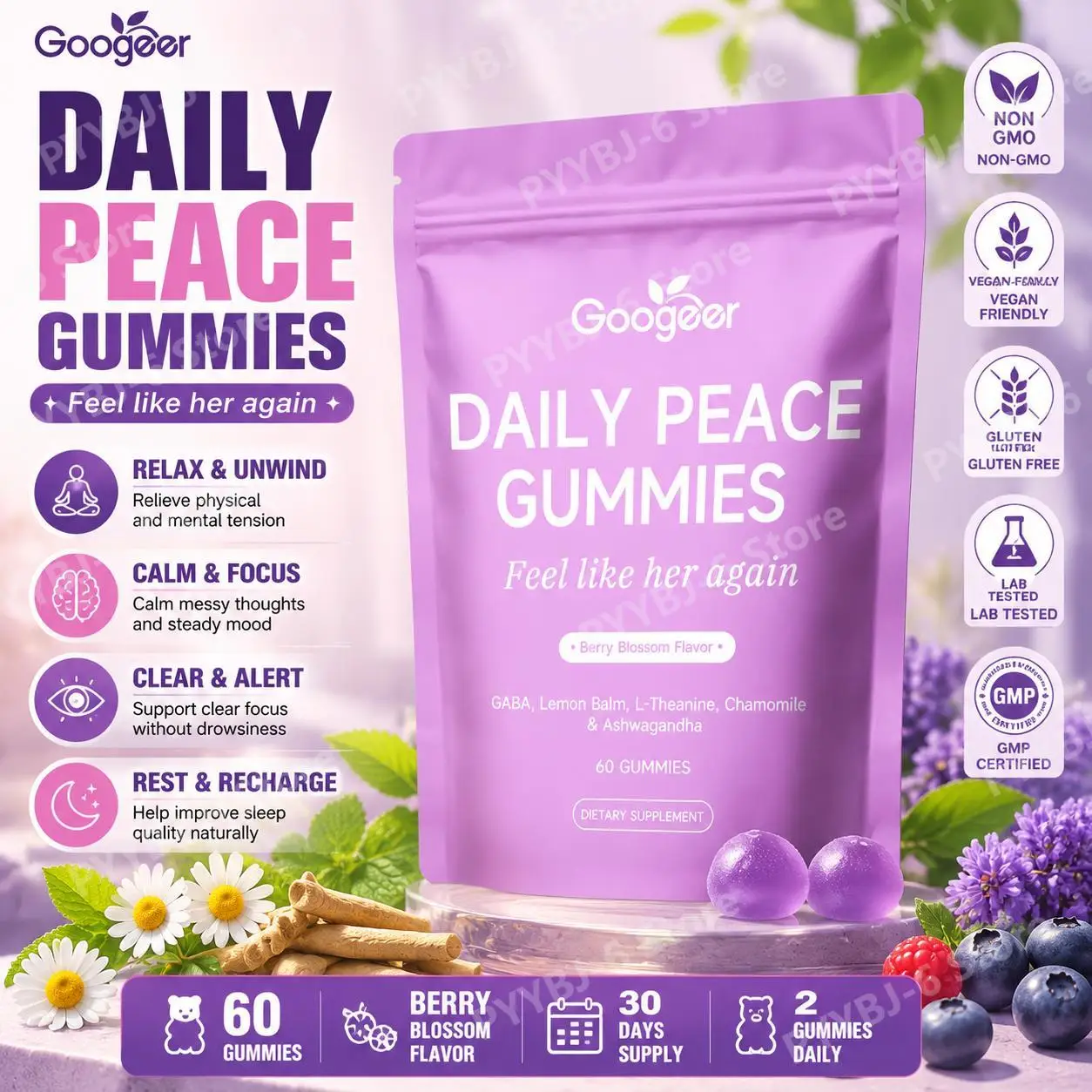 Googeer Daily Peace Gummies 60 Count Ashwagandha GABA L-Theanine Dietary Supplement for Mood Calm Focus & Rest Support
