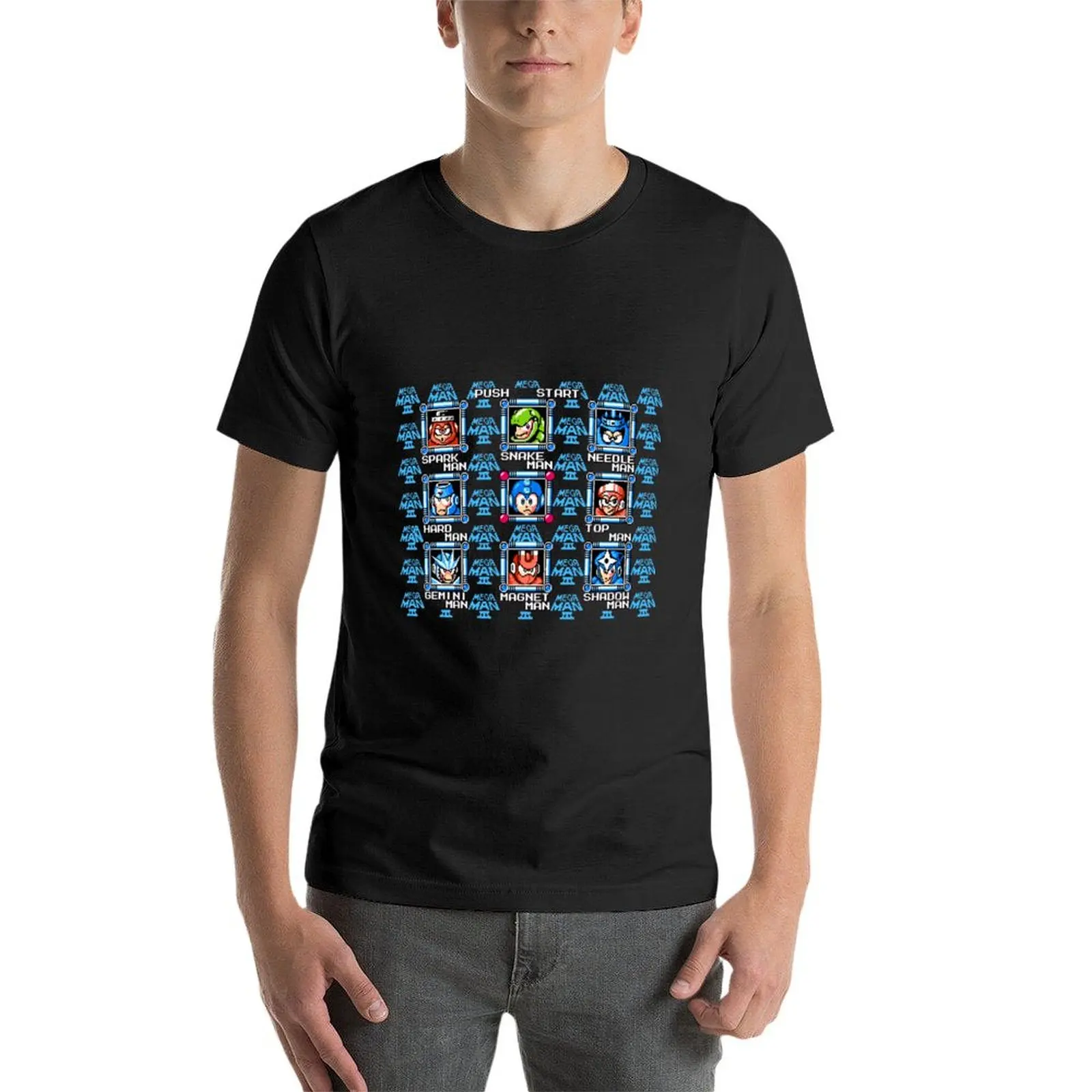 Megaman 3 Stage Select-shirt extragrande masculino, roupa estética, blusa campeã