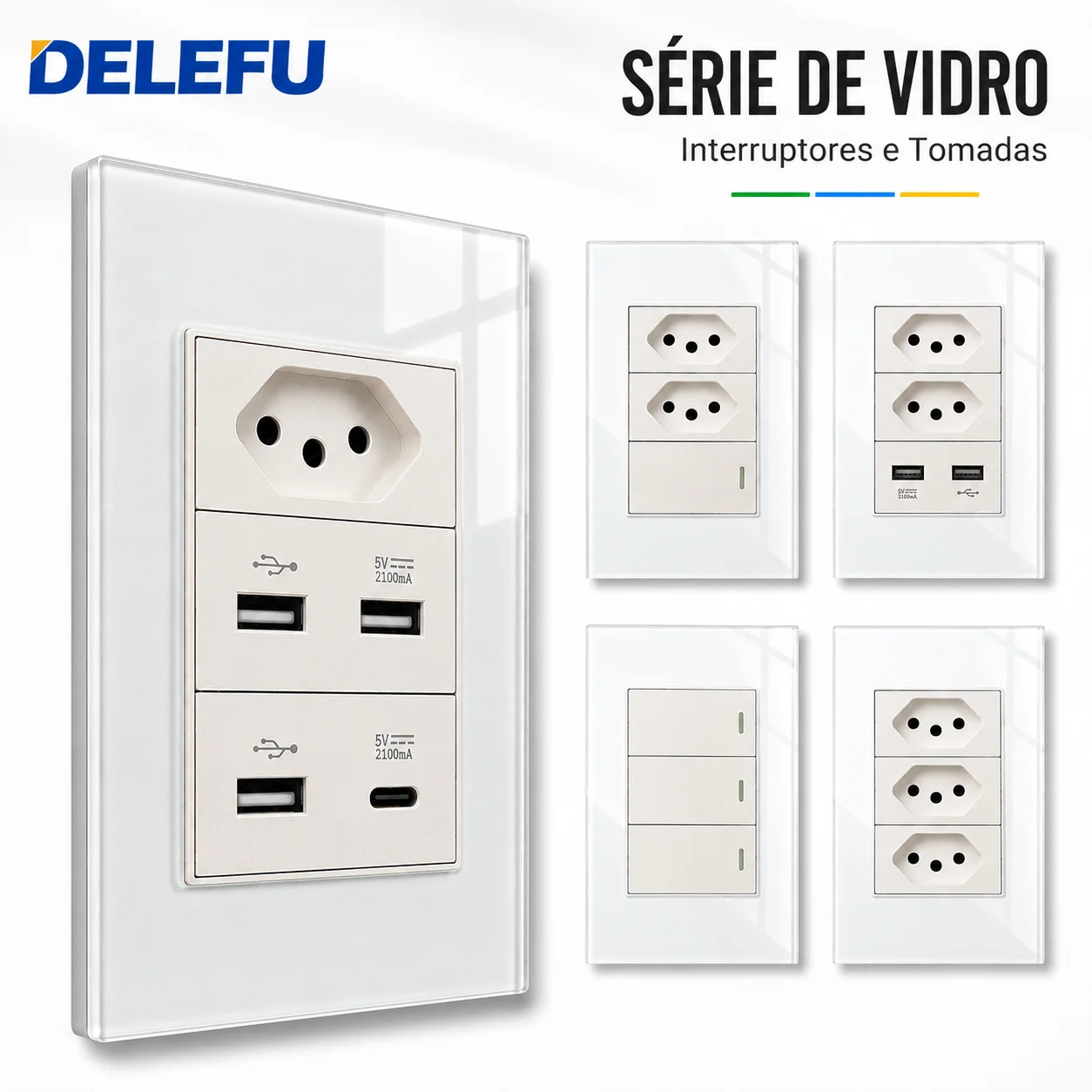 Tomada de Parede DELEFU 4*2 em Vidro Temperado Branco Padrão Brasileiro com USB Duplo Tipo C, Interruptor Tuya Wifi 10A 20A