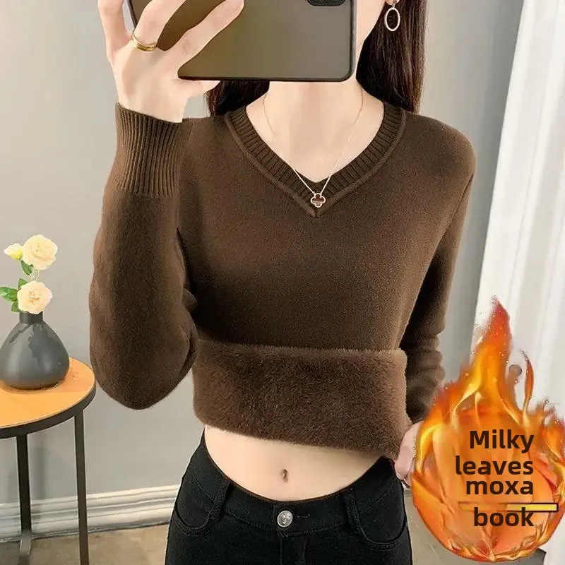 سميكة الصوف المرأة محبوك سترة الخامس الرقبة قاعدة طبقة قطعة واحدة المخملية أكمام الدافئة حجم كبير سليم صالح الخريف الشتاء