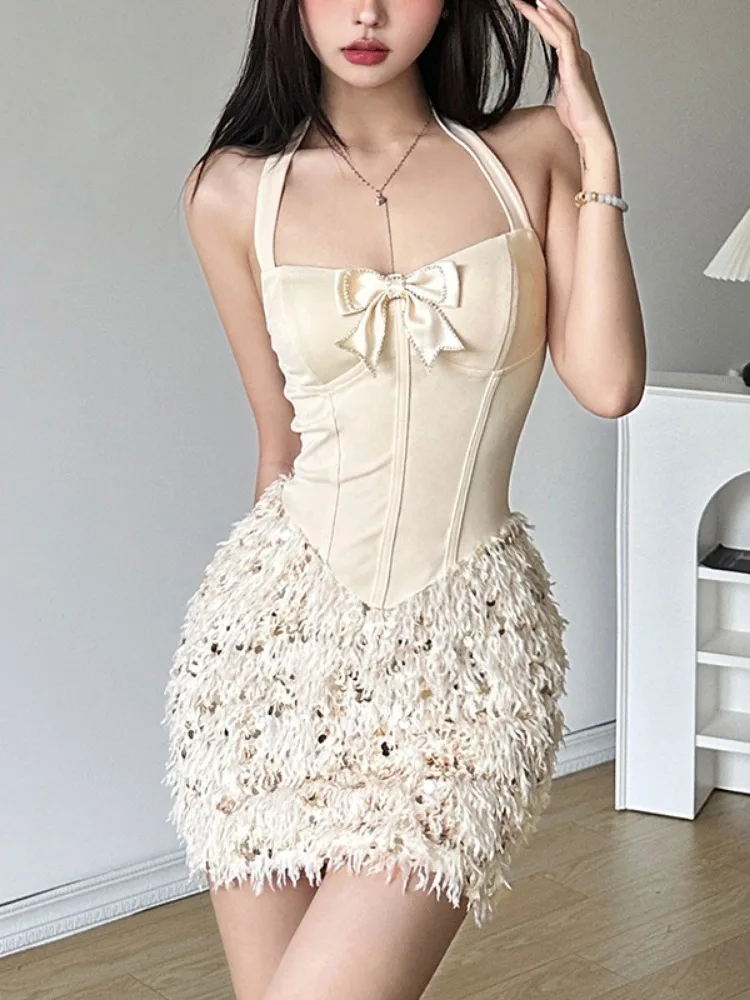 Streetwear Slim Patchwork Glitter Fur Vestido De Mujer Y2k Aesthetic Halter Strapless Dress Vintage Grunge Bow Dresses for Women