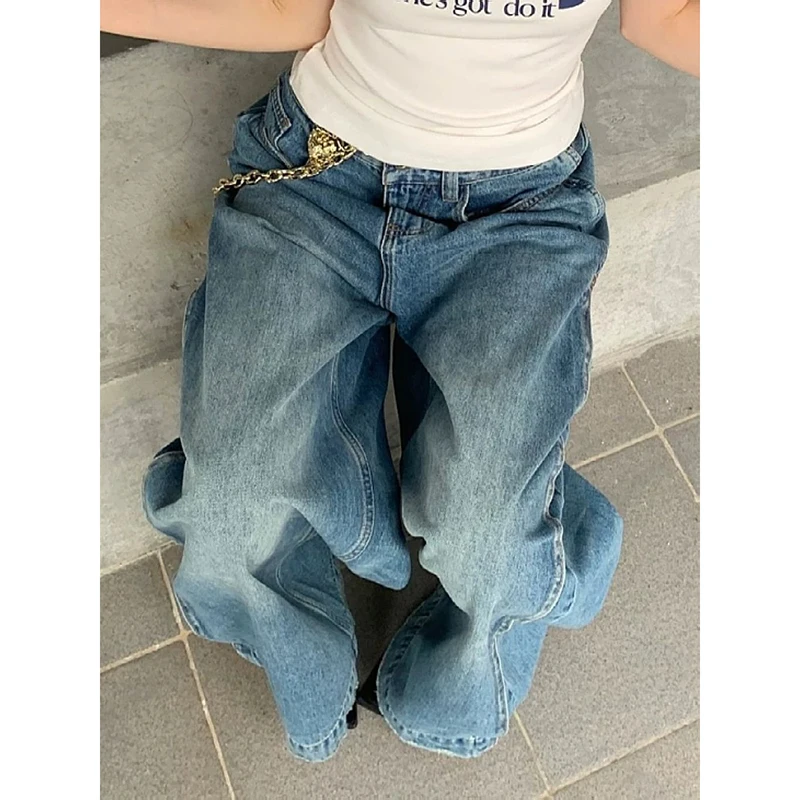 

Женские синие широкие джинсы Y2k, джинсы-карго, винтажные джинсовые брюки в стиле Харадзюку, американский стиль ретро 2000-х, джинсовые брюки большого размера, одежда