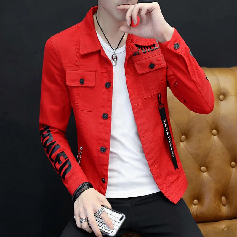 

Spring Autumn Harajuku Fashion Letter Printed Cotton Korean Style Work Denim Cardigan Clothes College Male Jeans Jacket Men