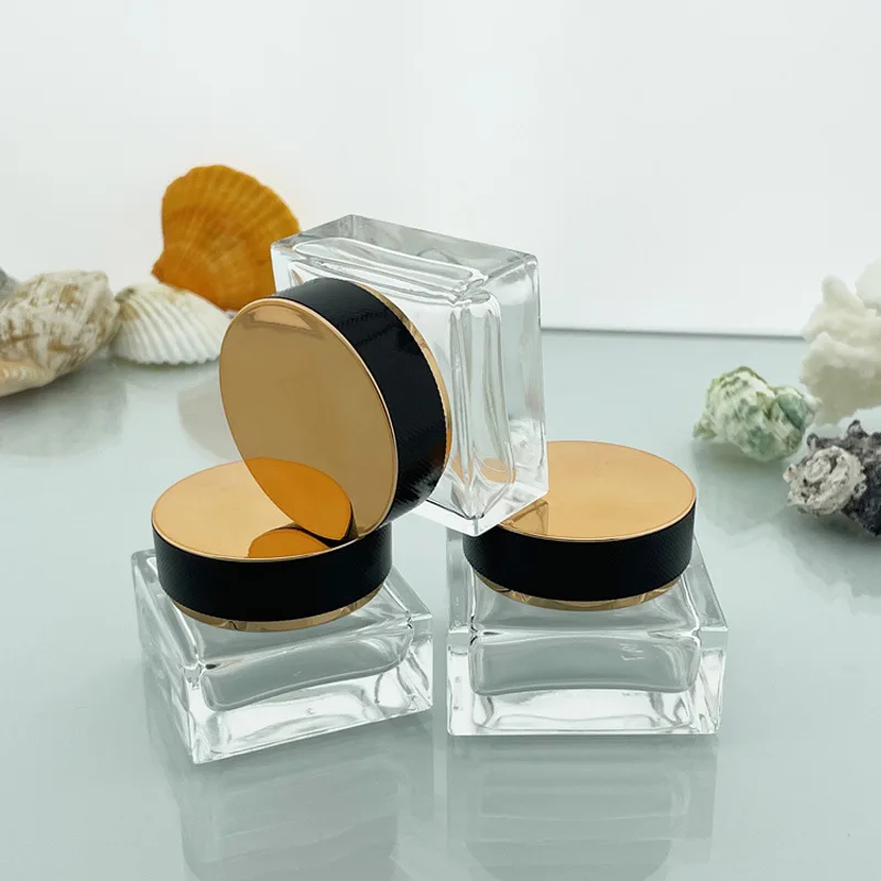 Clear Glass Cream Jar Cosmetic Container 30g 50g Cosmetic Jars Black Gold Lid Glass Bottle Make Up Container Empty Jars Travel