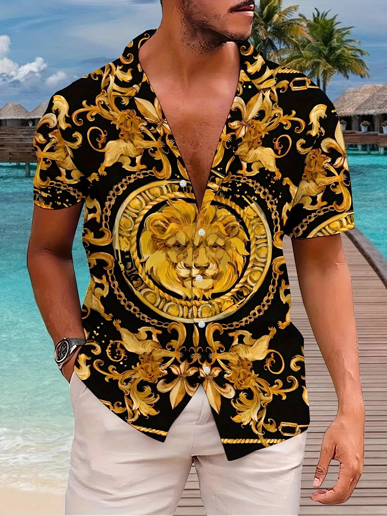 Luxury Shirts Black Gold Baroque Lion Head Chain Floral Scroll Printed Loose Vacation Short Sleeve Lapel Tops Men Clothes