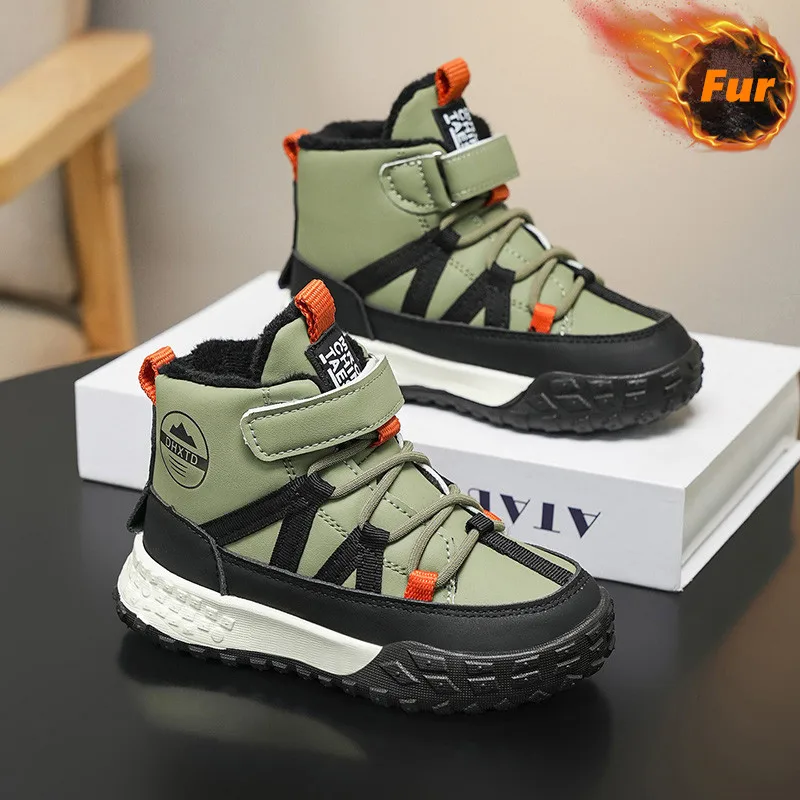 

Winter Plush Warm Kids Snow Boots Anti-Slip Green Hiking Boots Boys Cotton Shoes Comfort Platform Children's Outdoor Sneakers