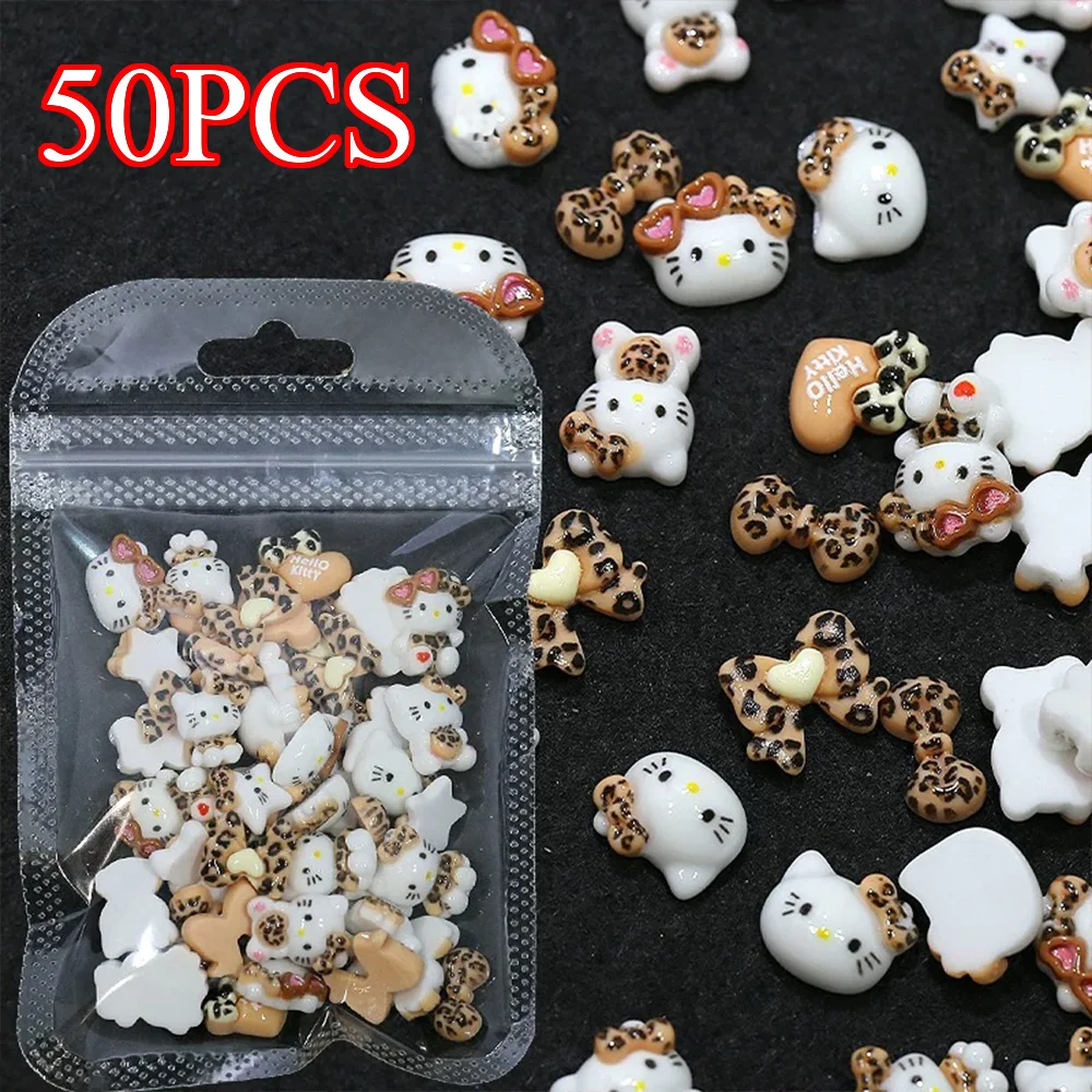 

50pcs Mini Leopard Hello Kitty Nail Charms 3D Leopard Print Ribbon Bow DIY Accessorie Pochacco Fashion Sanrio Cartoon Nails Deco