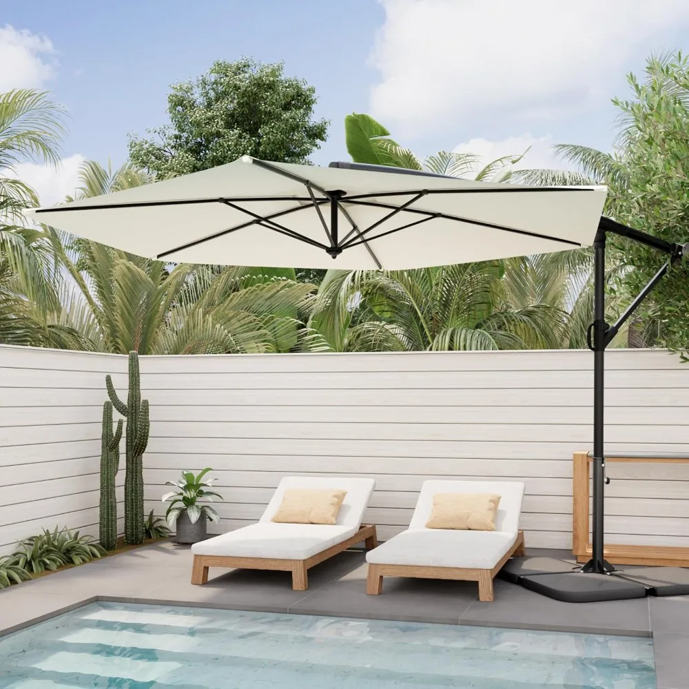 10FT Offset Patio Umbrella, Cantilever Hanging Outdoor Umbrella w/360-degree Rotation, Handy Crank, UV & Waterproof Canopy