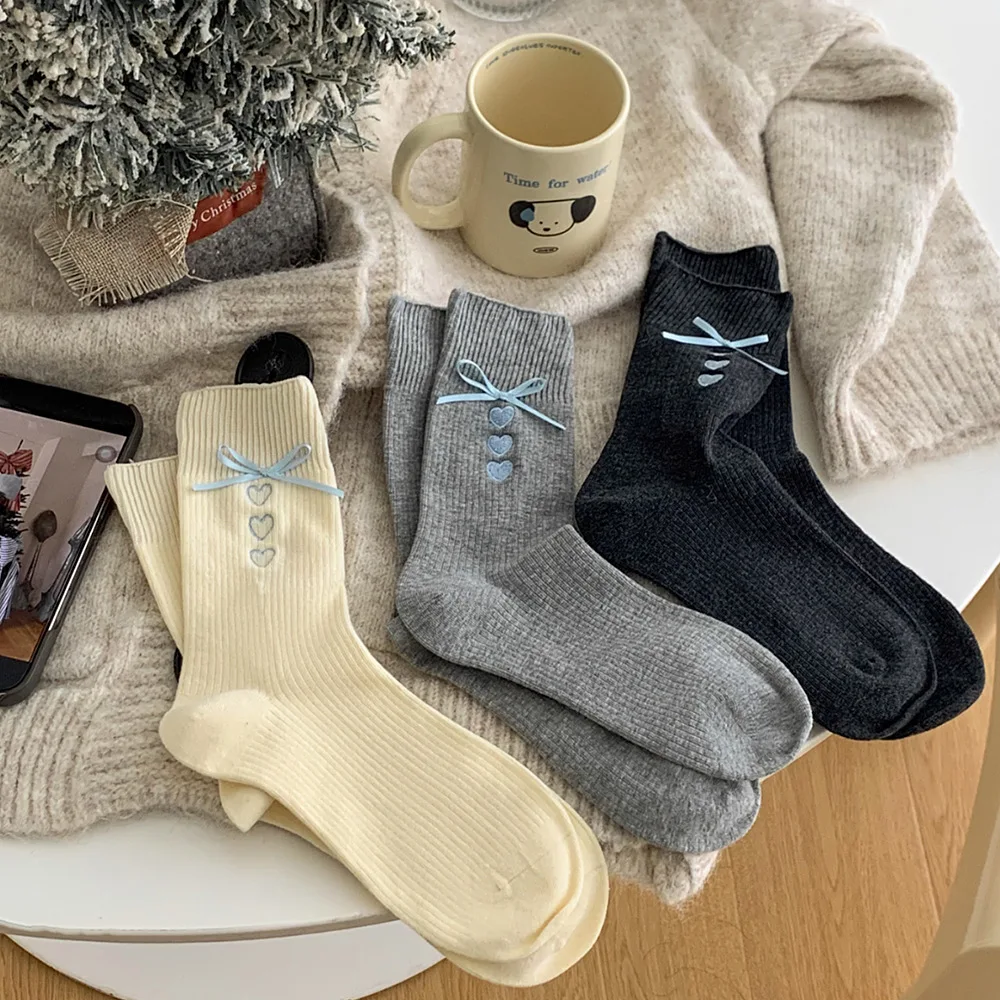 Korean Gray Love Embroidery Tube Socks with Miu Blue Ribbon Bow Pile Design for Women Girls Fashionable Casual Cotton Socks