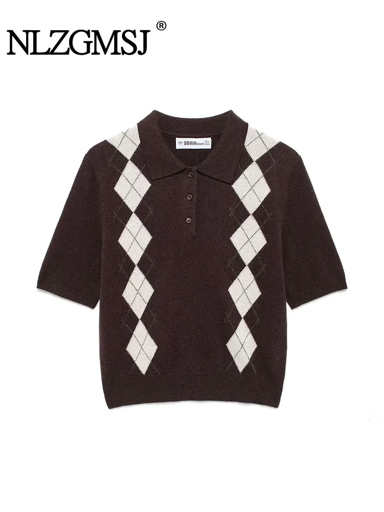 

NLZG 2025 Women Argyle Knitted Sweater Short Sleeve Turn-down Collar Short Sweaters Woman Chic Casual Pullovers Tops