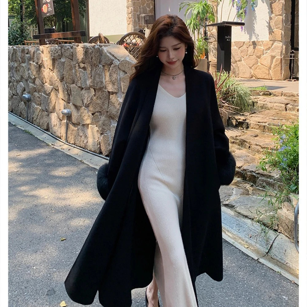 

CXFS Luxury 2025 Autumn Winter New V-neck Double-sided Cashmere Coat Women's Mid-Length Fox Fur Cuff Maillard Woolen Jacket