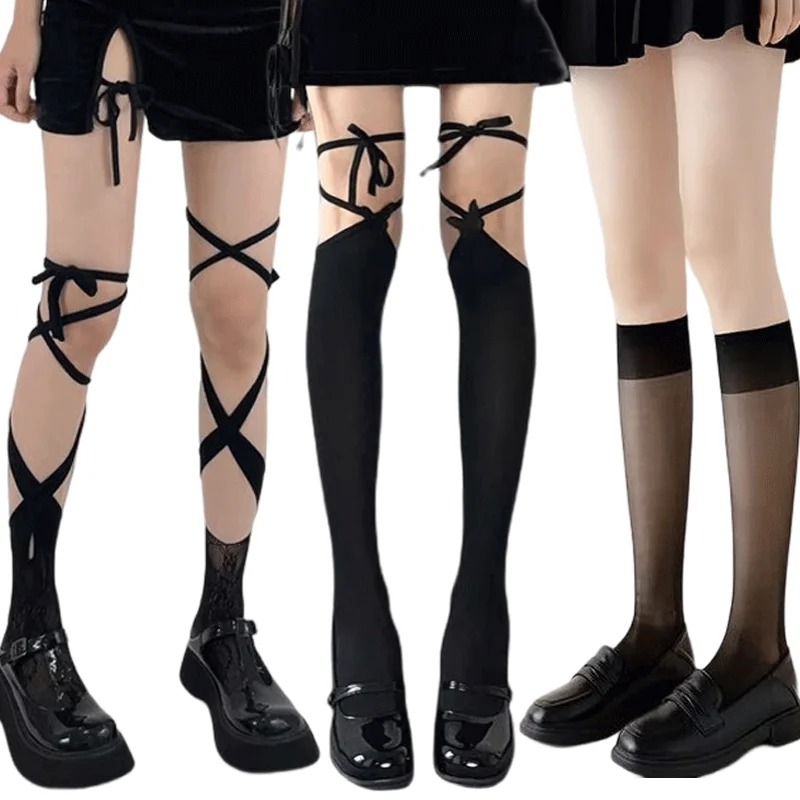 Sexy Summer Lolita Cross Strap JK Socks Women's Girls Mid Length Lower Leg Sock Thin Over Knee Socks Long Length Split Toe Socks