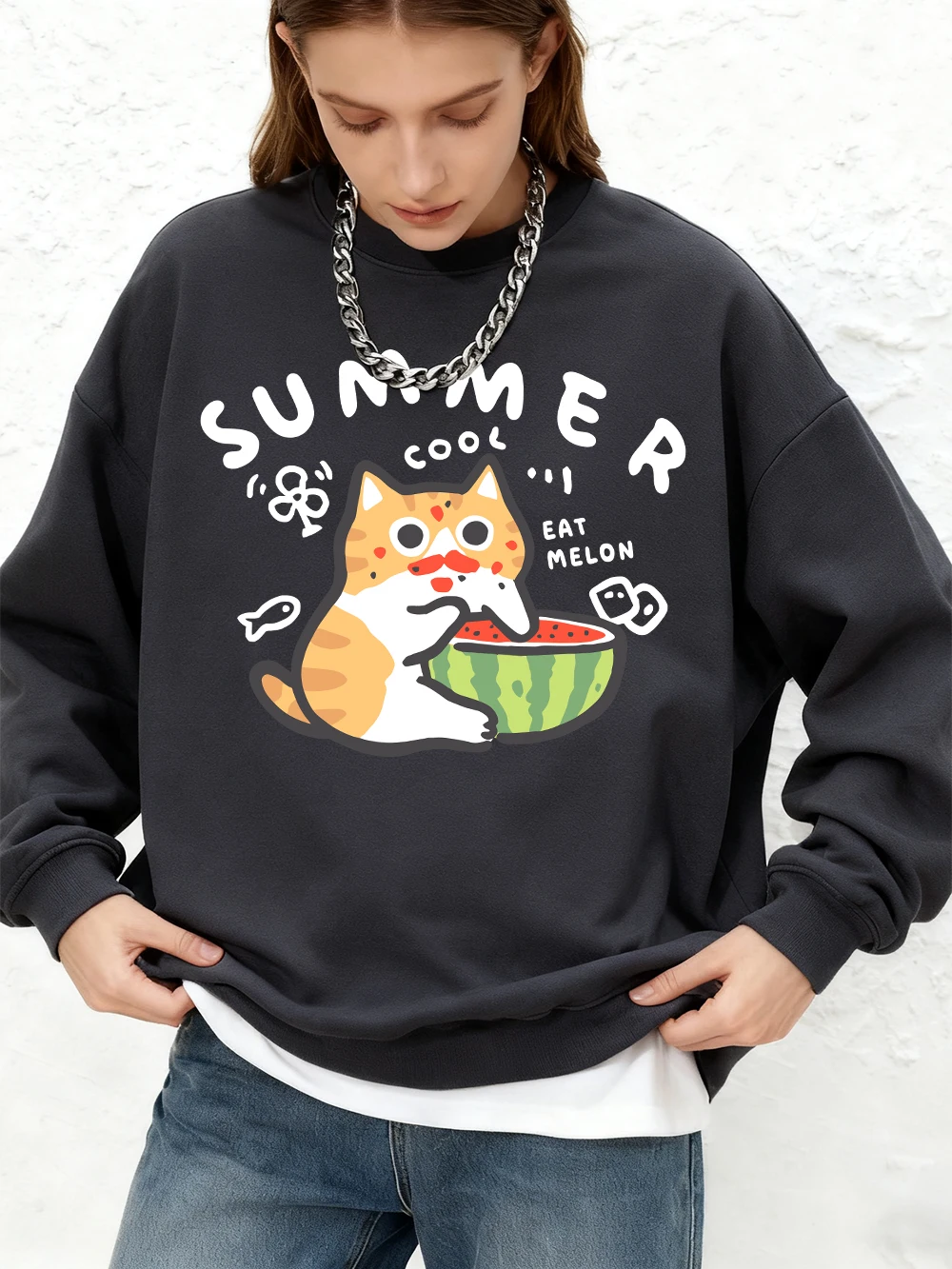 Zomer Eet Meloen Kat Print Hoodie Vrouwen Basic Oversize Jogger Sweatshirt Winter Lange Mouwen Warme Tops Crewneck Vrouw Kleding