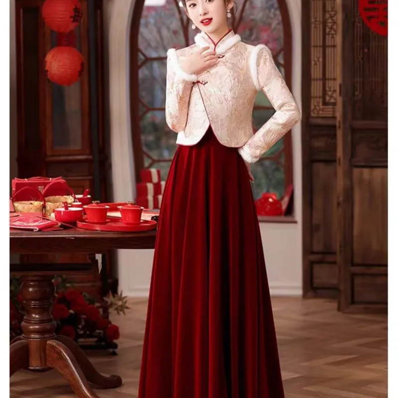 Pink toasting wear red Chinese long-sleeved thick fashion dress