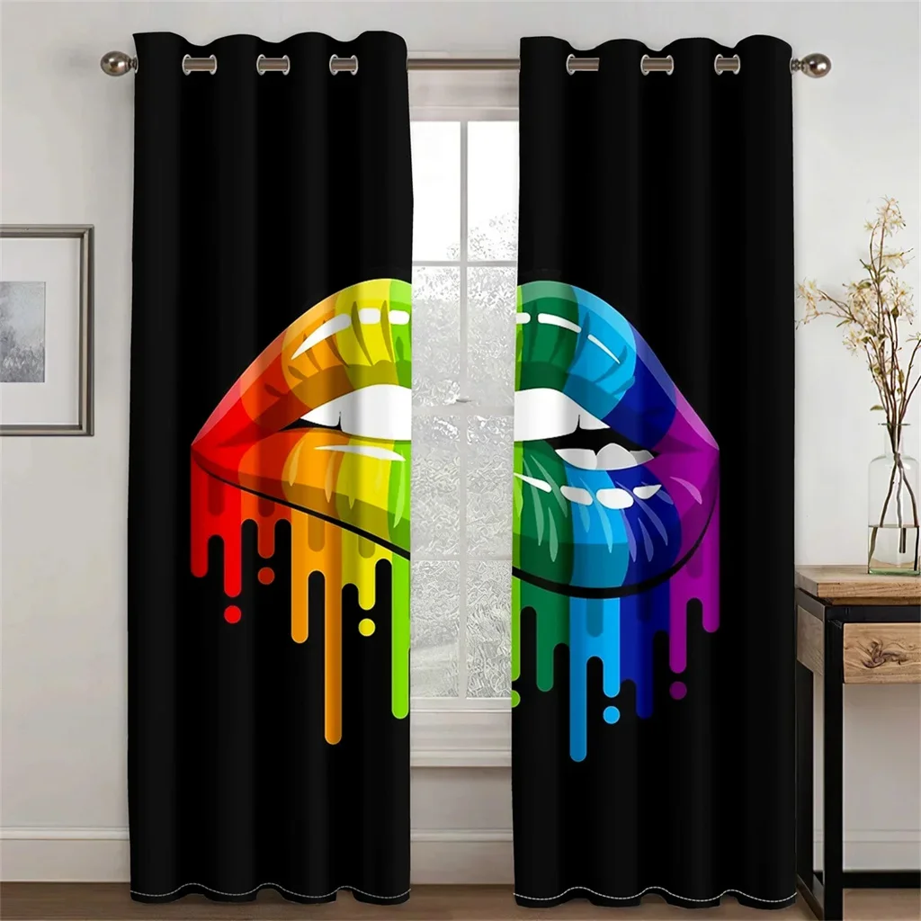 3D Sexy rainbow abstract art mouth girl Light Filtering Drapes Window Curtains for Living Room Bedroom 2 Pieces Decor