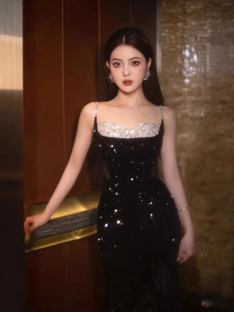 Black banquet evening dress for women with a high-end feel, sequin temperament socialite student day coming of age ceremony