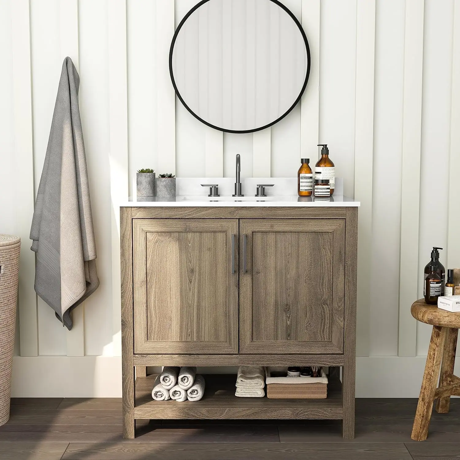 

36in Bathroom Vanity with Ceramic Sink Marble Top Storage Cabinet Soft Close Doors Open Shelf Brown Customized