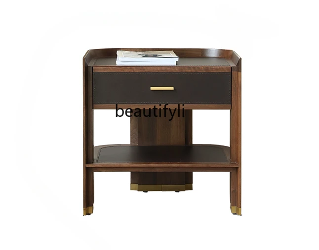 

Italian Furniture North America Black Walnut Solid Wood Saddle Leather Corner Table Sofa Side Table furniture living room