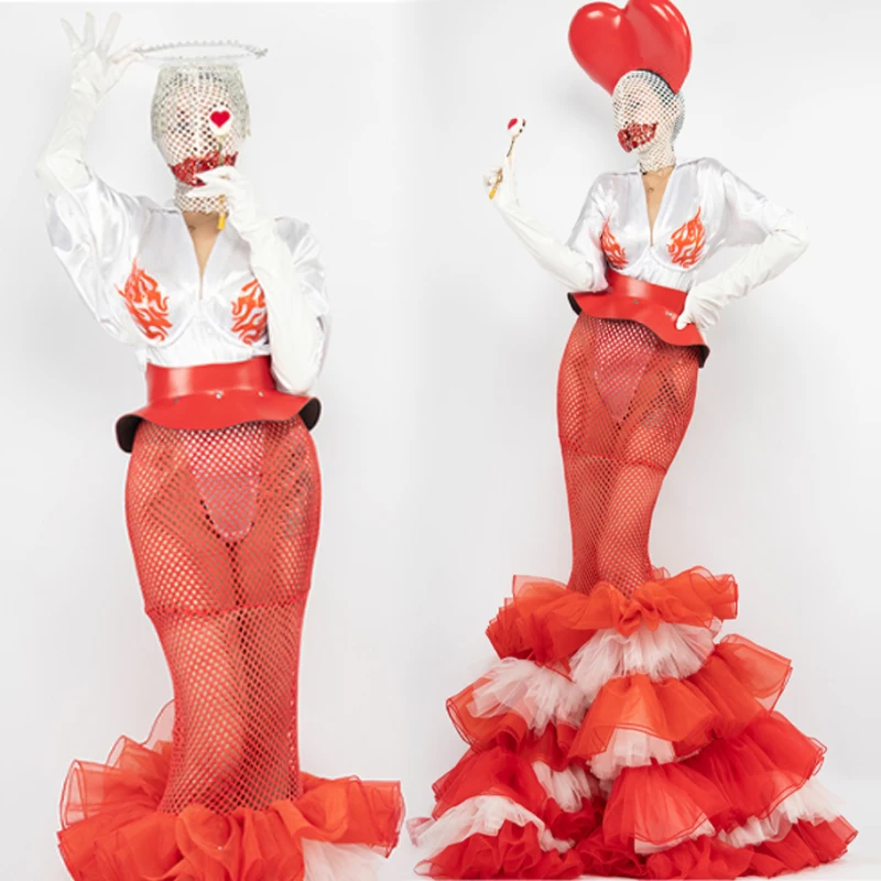 

Singer Performance Stage Costume Net Pleated Skirt Party Rave Outfit Nightclub Gogo Show Stage Wear Drag Queen Clothes VDB5978