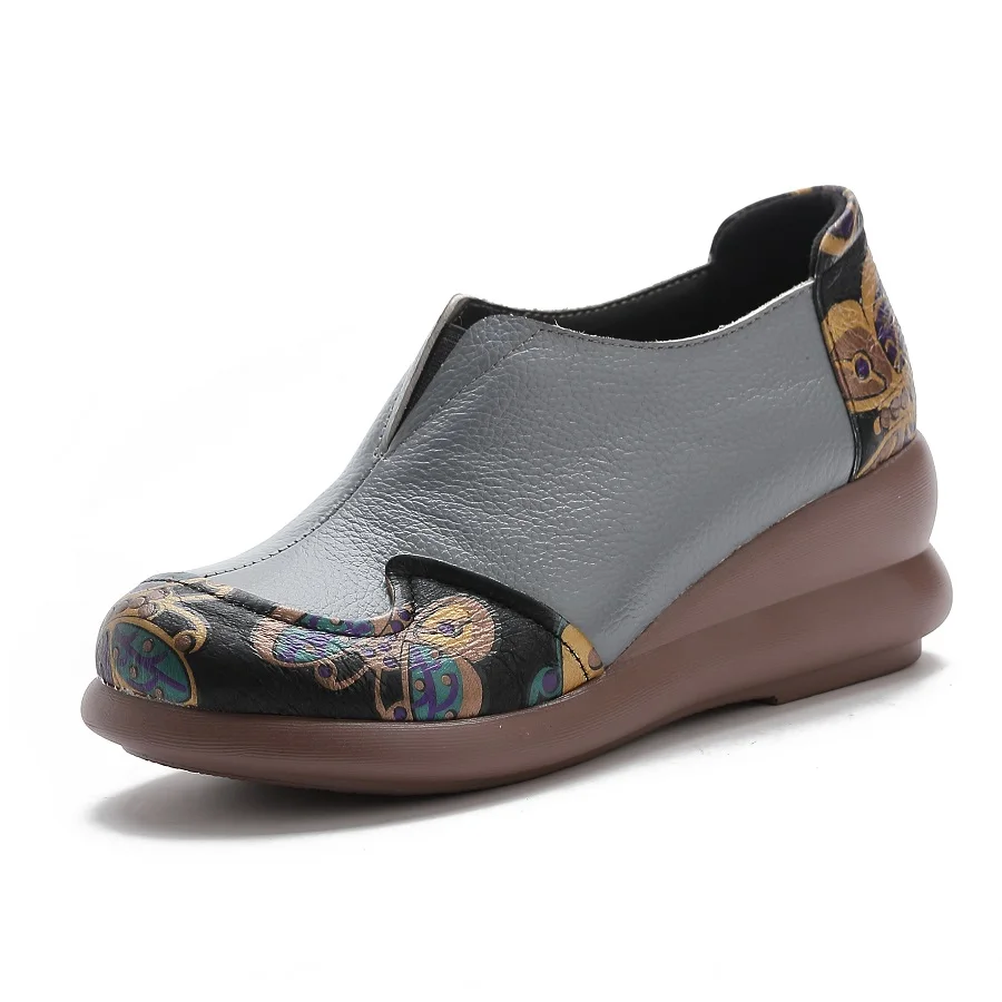 

Stacked heels flats shoes for women genuine leather wedge pumps ladies slip on flats retro luxury unique shoes mom driver flats