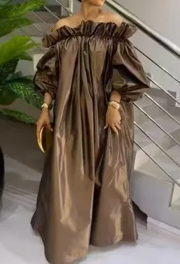2025 otoño nuevo un hombro satén Sheen Slim Fit vestido de noche largo mujeres marrón estilo elegante
