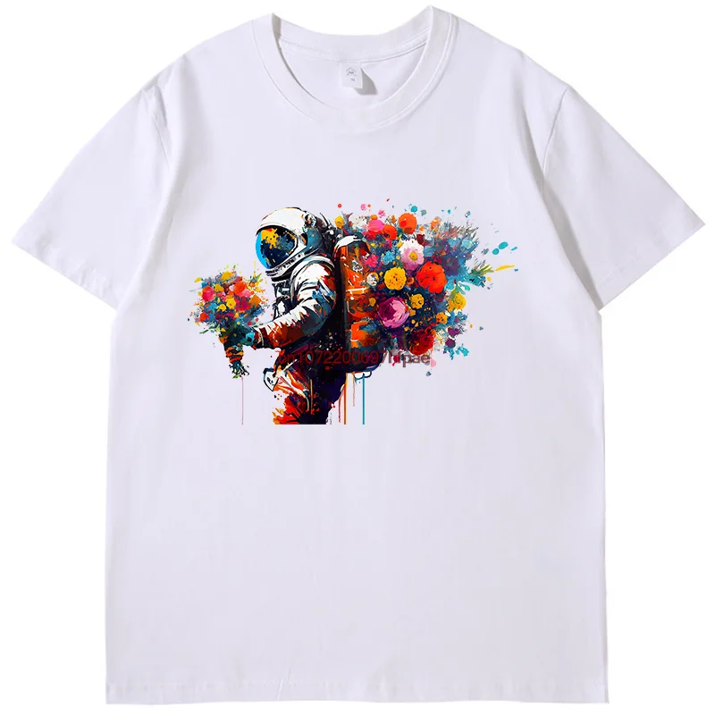 Astronaut Bouquet Flowers Burst Ölgemälde Mode-Druck-T-Shirt Sommer Baumwolle Kurzarm-T-Shirts Unisex O-Ausschnitt T-Shirt