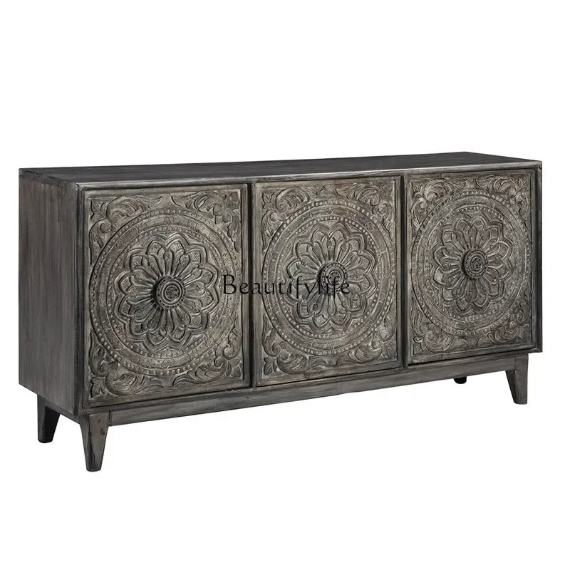 

yj5 French retro old dining side cabinet solid wood carving flower living room storage entrance hall entrance cabinet