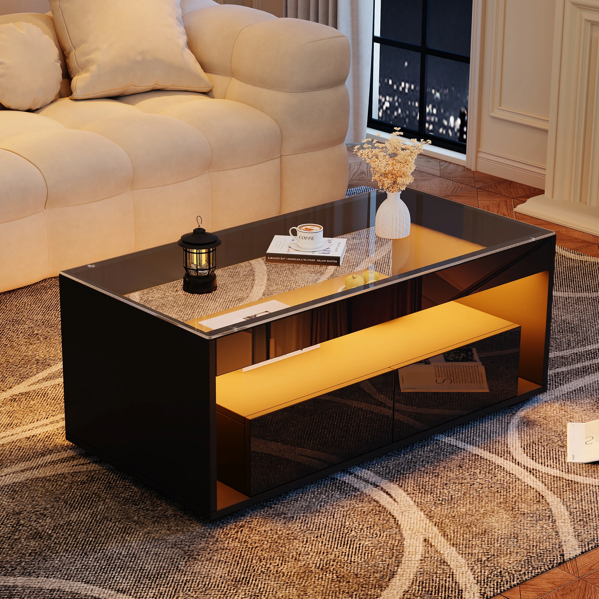 Table basse avec 2 tiroirs et éclairage LED - pour salon - en panneaux de particules et verre trempé - 100 × 50 × 40 cm - noir