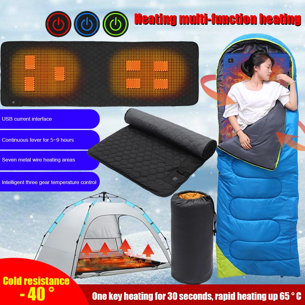 USB Heating Sleeping Mat Insulation Camping Heated Mattress 3-Level Adjustable Temperature Electric Heating Pad for Outdoor Tent